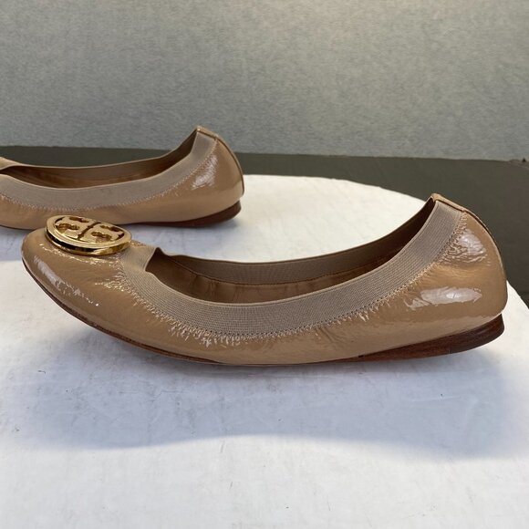Tory Burch Tan Flats with Gold Logo - Picture 7 of 9
